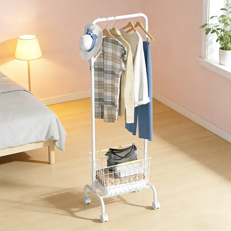 Portable Floor-Standing Clothes Rack with Storage Basket