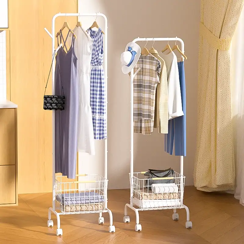 Portable Floor-Standing Clothes Rack with Storage Basket Portable Floor-Standing Clothes Rack with Storage Basket