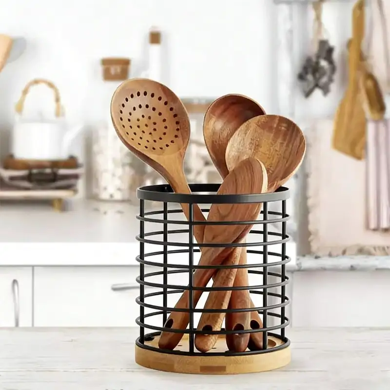 Metal Wire Utensil Holder with Wooden Base Metal Wire Utensil Holder with Wooden Base
