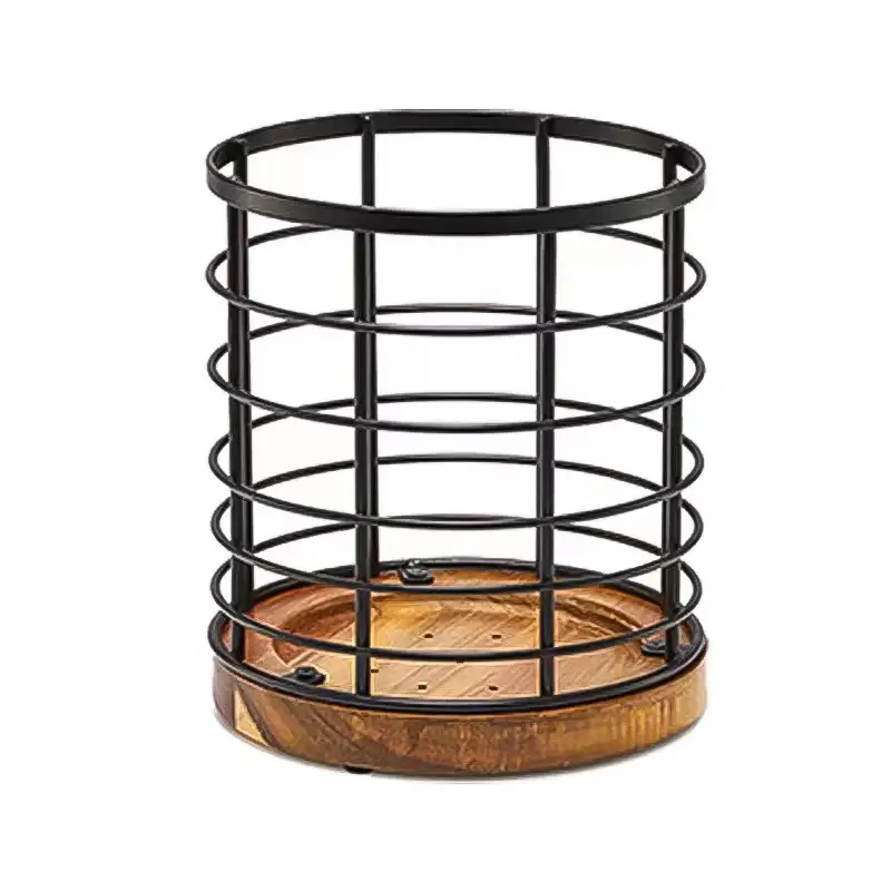Metal Wire Utensil Holder with Wooden Base