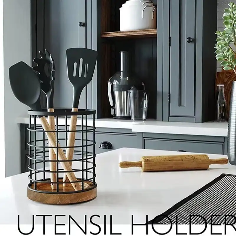 Metal Wire Utensil Holder with Wooden Base